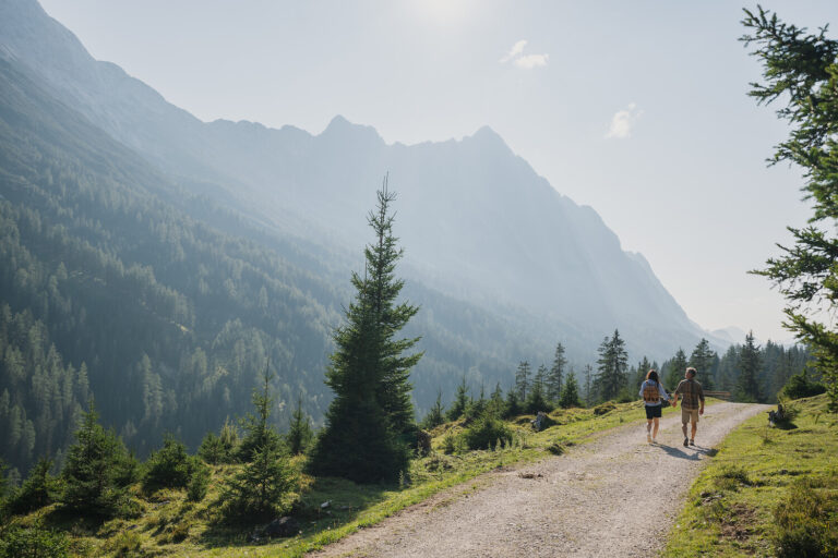 Zwei Personen wandern in der Nähe des Hotels 4 Sterne Seefeld, mit nebligen Gipfeln und bewaldeten Bergpfaden.