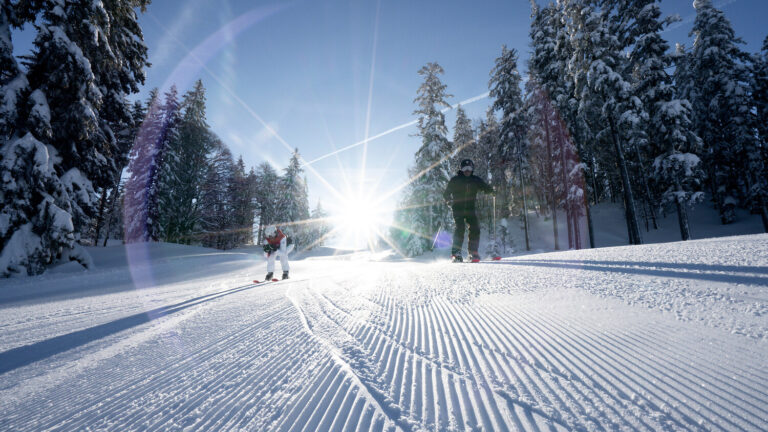 Zwei Personen fahren in der Nähe von Kiefern, in der Nähe des 4-Sterne-Hotels Seefeld, auf einem sonnigen, verschneiten Hang Ski.