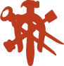 Rote Silhouette eines Hammers, Schraubenziehers, Schraubenschlüssels und Pinsels, die sich in einer Gruppe überlappen.